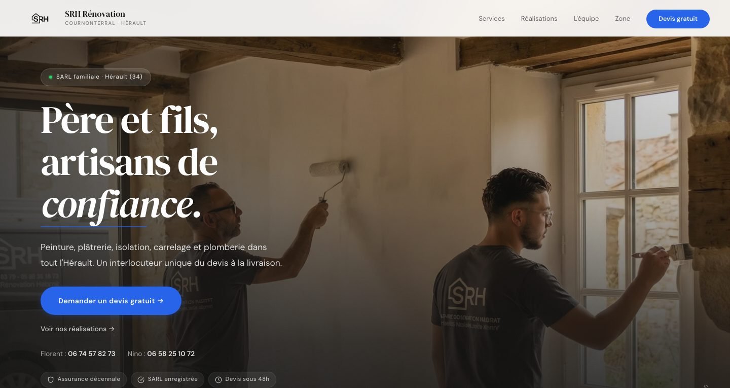 Page d'accueil du site SRH Rénovation, artisans père et fils dans l'Hérault